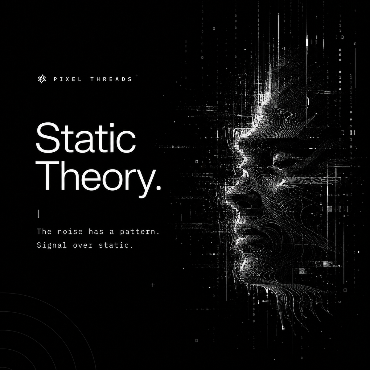 Static Theory collection image for Pixel Threads featuring a glitch-inspired digital face, static textures, and the phrase Signal over static