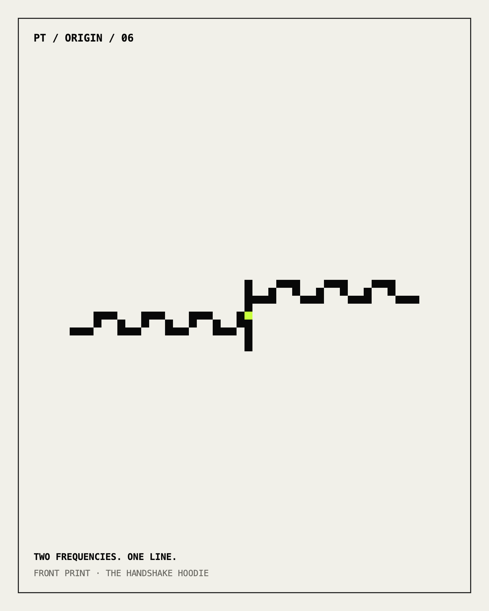 Front print artwork for The Handshake Hoodie: two square wave signals stepping toward each other and locking at a single bright cell