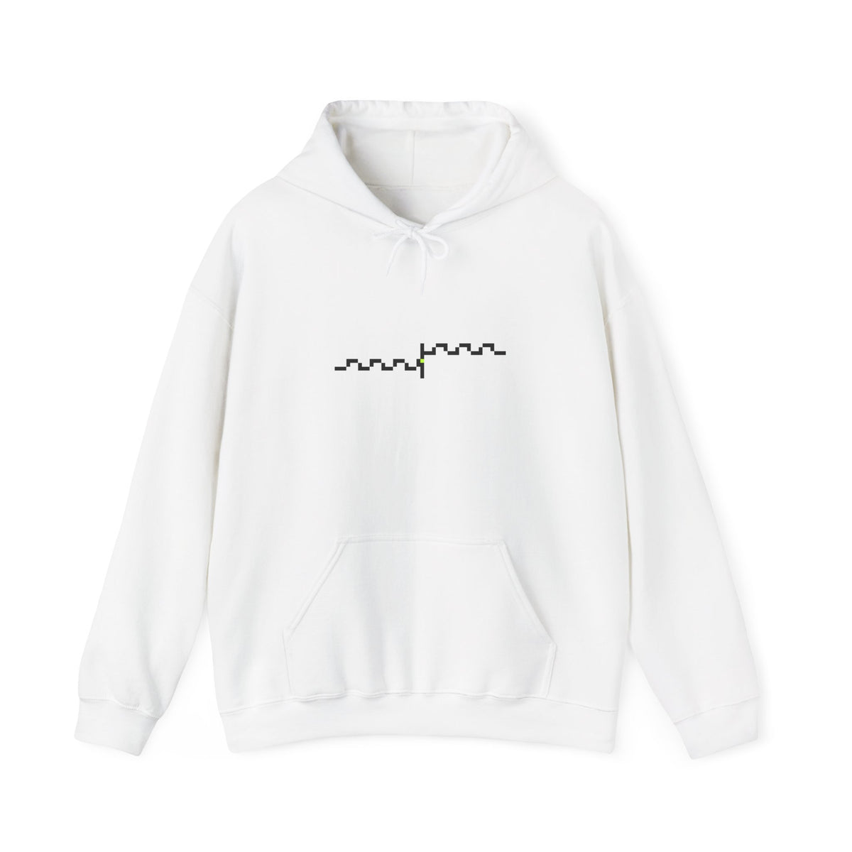 The Handshake Hoodie by Pixel Threads. Unisex fleece hoodie laid flat, front view, two pixel waves crossing to meet at one bright cell.