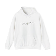 The Handshake Hoodie by Pixel Threads. Unisex fleece hoodie laid flat, front view, two pixel waves crossing to meet at one bright cell., view 1