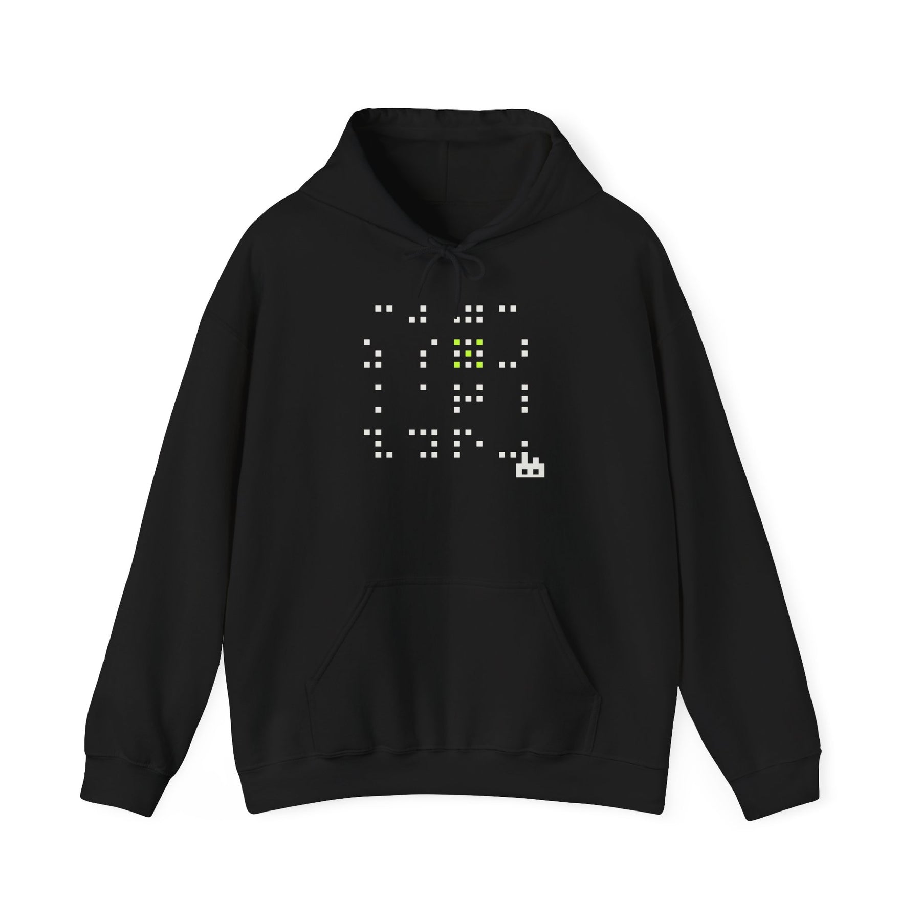 The Cipher Hoodie by Pixel Threads. Unisex fleece hoodie laid flat, front view, sixteen coded blocks with one lit in signal green across the chest.