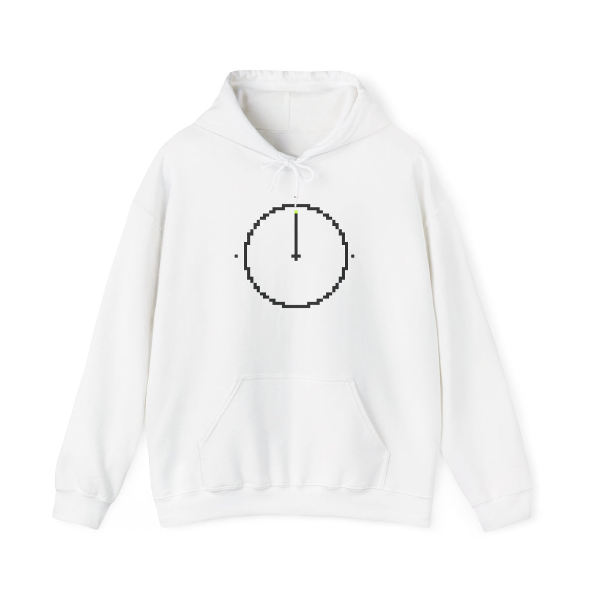 The True North Hoodie by Pixel Threads. Unisex fleece hoodie laid flat, front view, one pixel ring and needle holding a bright point.