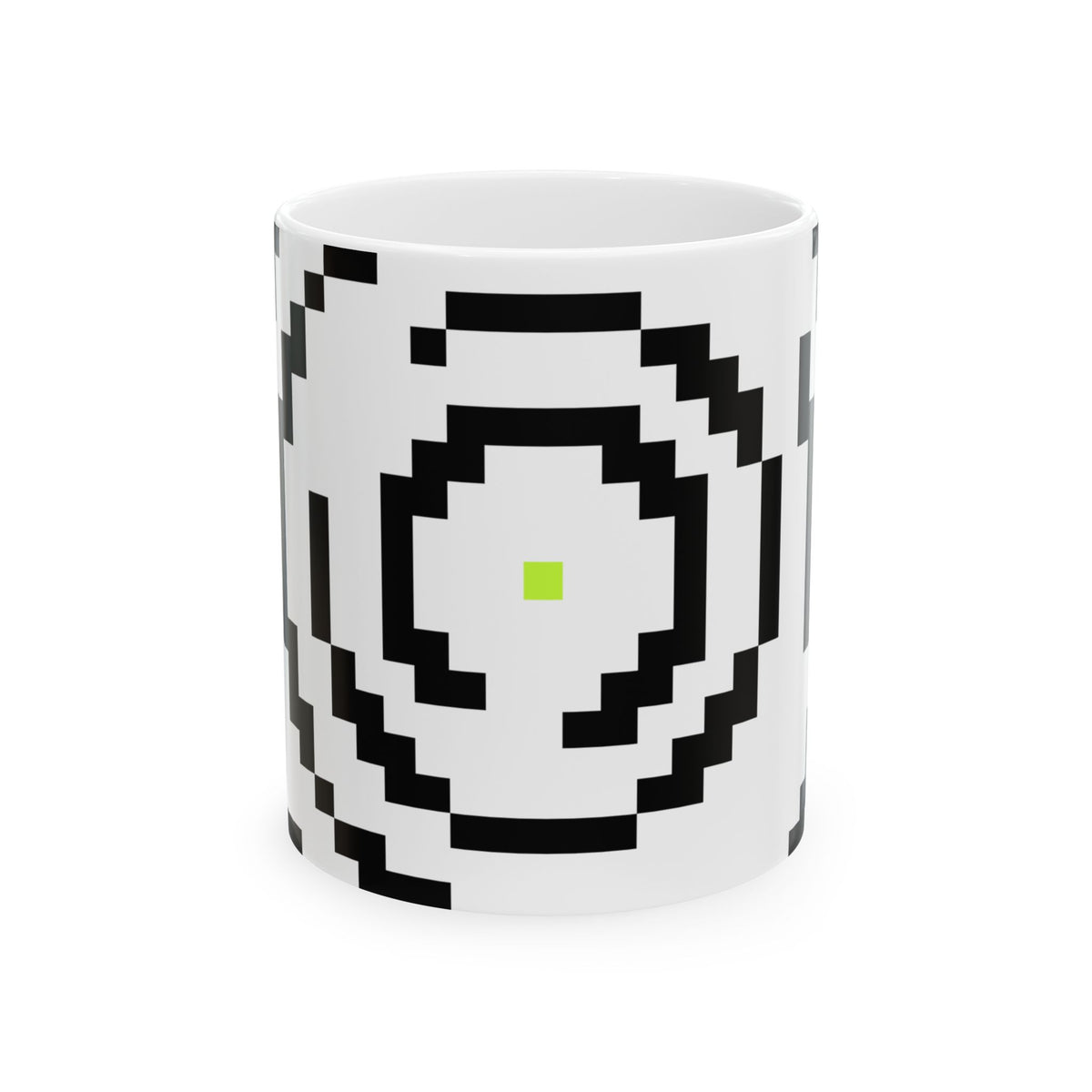 The Archive Mug by Pixel Threads. Ceramic mug, front view, the pixel fingerprint mark from the Human Code chapter.
