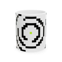 The Archive Mug by Pixel Threads. Ceramic mug, front view, the pixel fingerprint mark from the Human Code chapter., view 1
