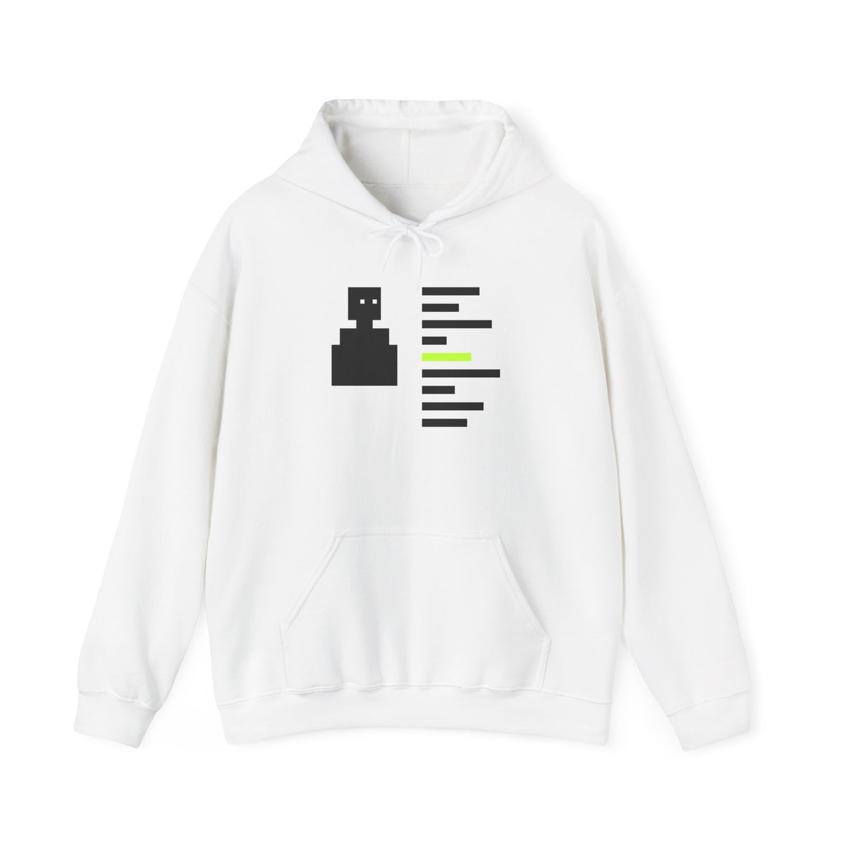 The Ident Hoodie by Pixel Threads. Unisex fleece hoodie laid flat, front view, a pixel figure beside nine lines of code with one line lit.