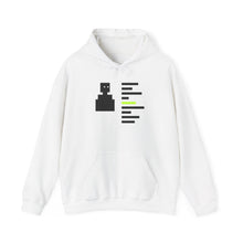 The Ident Hoodie by Pixel Threads. Unisex fleece hoodie laid flat, front view, a pixel figure beside nine lines of code with one line lit., view 1