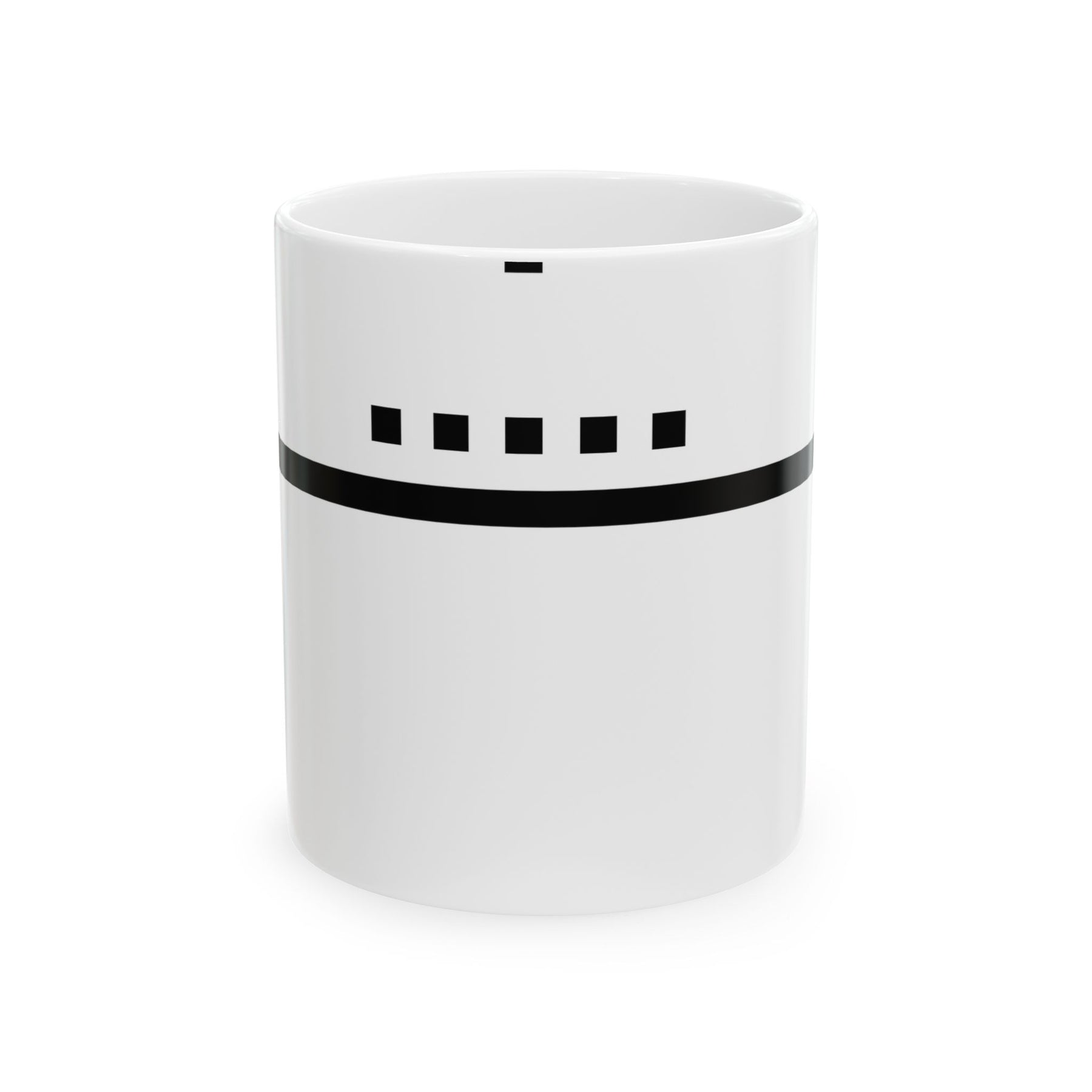 The Horizon Mug by Pixel Threads. Ceramic mug, front view, a flat pixel line with a small sun above it.