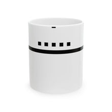 The Horizon Mug by Pixel Threads. Ceramic mug, front view, a flat pixel line with a small sun above it., view 1