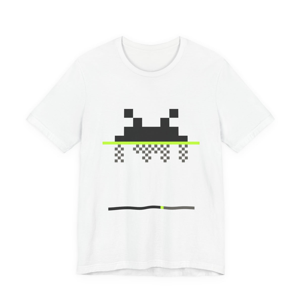 The Boot Tee by Pixel Threads. Unisex cotton tee laid flat, front view, the signal emblem frozen mid load and half rendered.