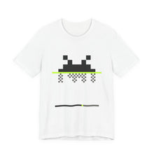 The Boot Tee by Pixel Threads. Unisex cotton tee laid flat, front view, the signal emblem frozen mid load and half rendered., view 1