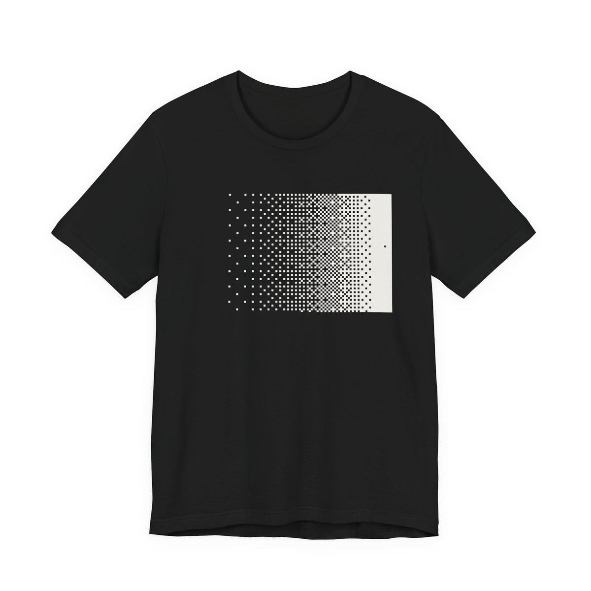 Front of the black Dither Tee: a field of white cells thickens left to right into solid signal