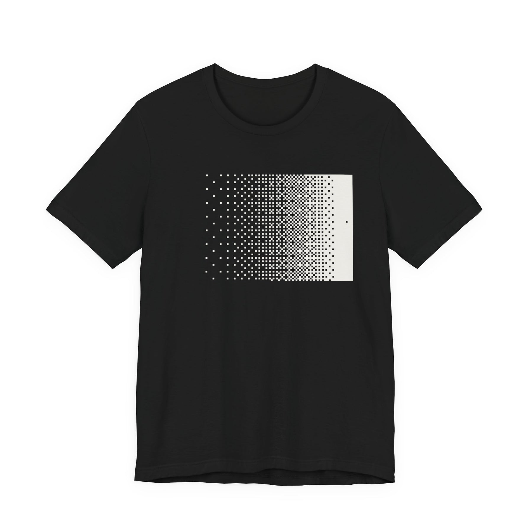 Front of the black Dither Tee: a field of white cells thickens left to right into solid signal