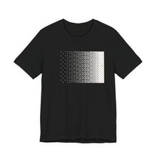 Front of the black Dither Tee: a field of white cells thickens left to right into solid signal, view 1