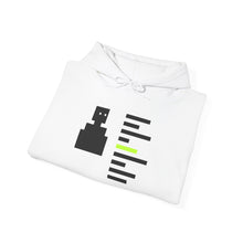 The Ident Hoodie by Pixel Threads. Unisex fleece hoodie folded with the chest print showing., view 4