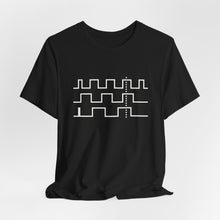 Close crop of the Phase Tee waveform print on black fabric, view 4