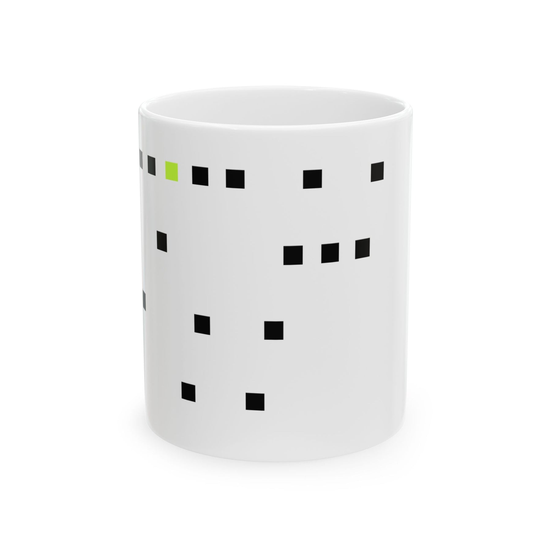 The Memory Mug by Pixel Threads. Ceramic mug, front view, six rows of pixel bits with one bright bit.