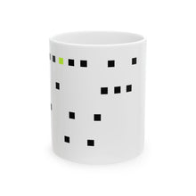 The Memory Mug by Pixel Threads. Ceramic mug, front view, six rows of pixel bits with one bright bit., view 1