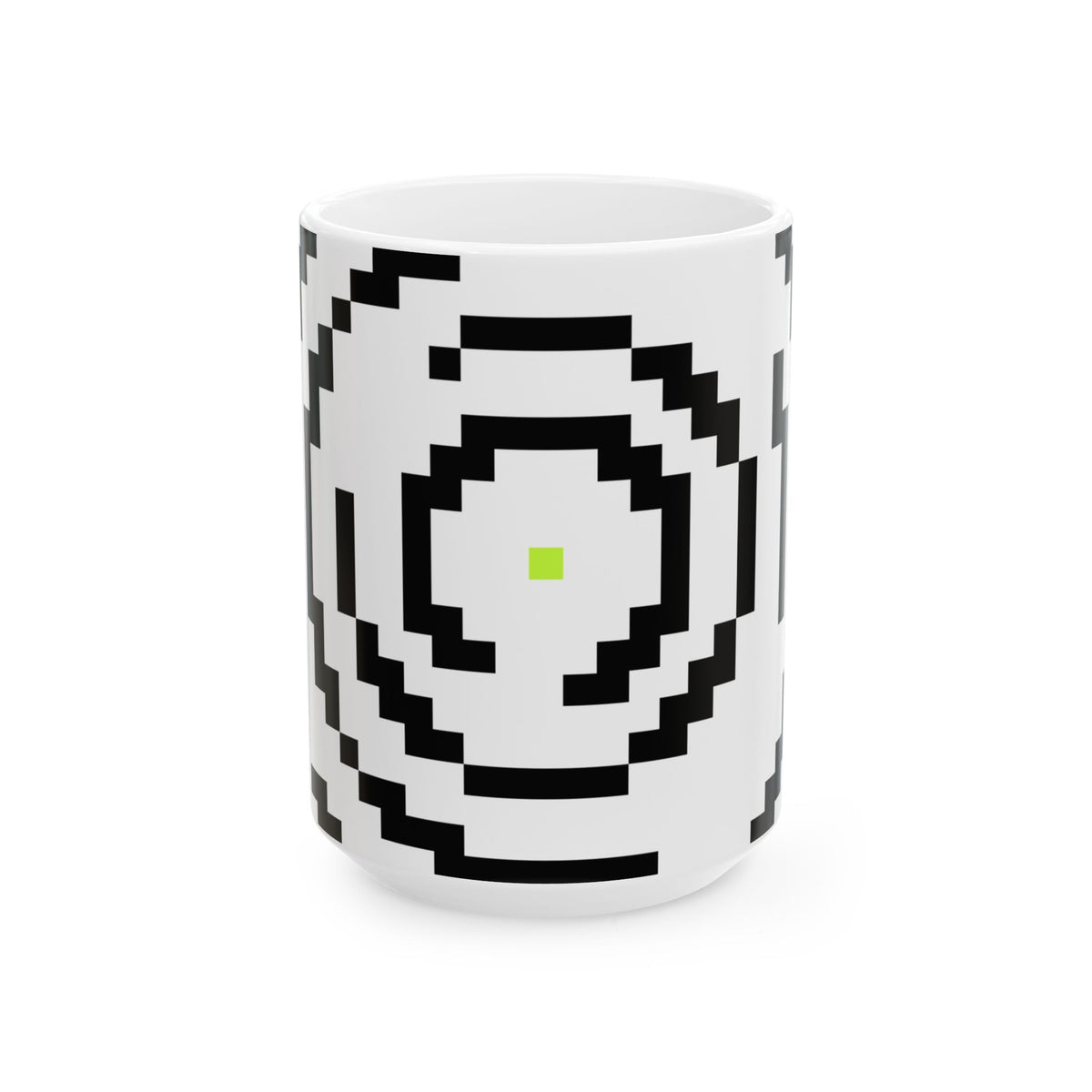 The Archive Mug by Pixel Threads. Ceramic mug, angled front view with the print showing., alternate view
