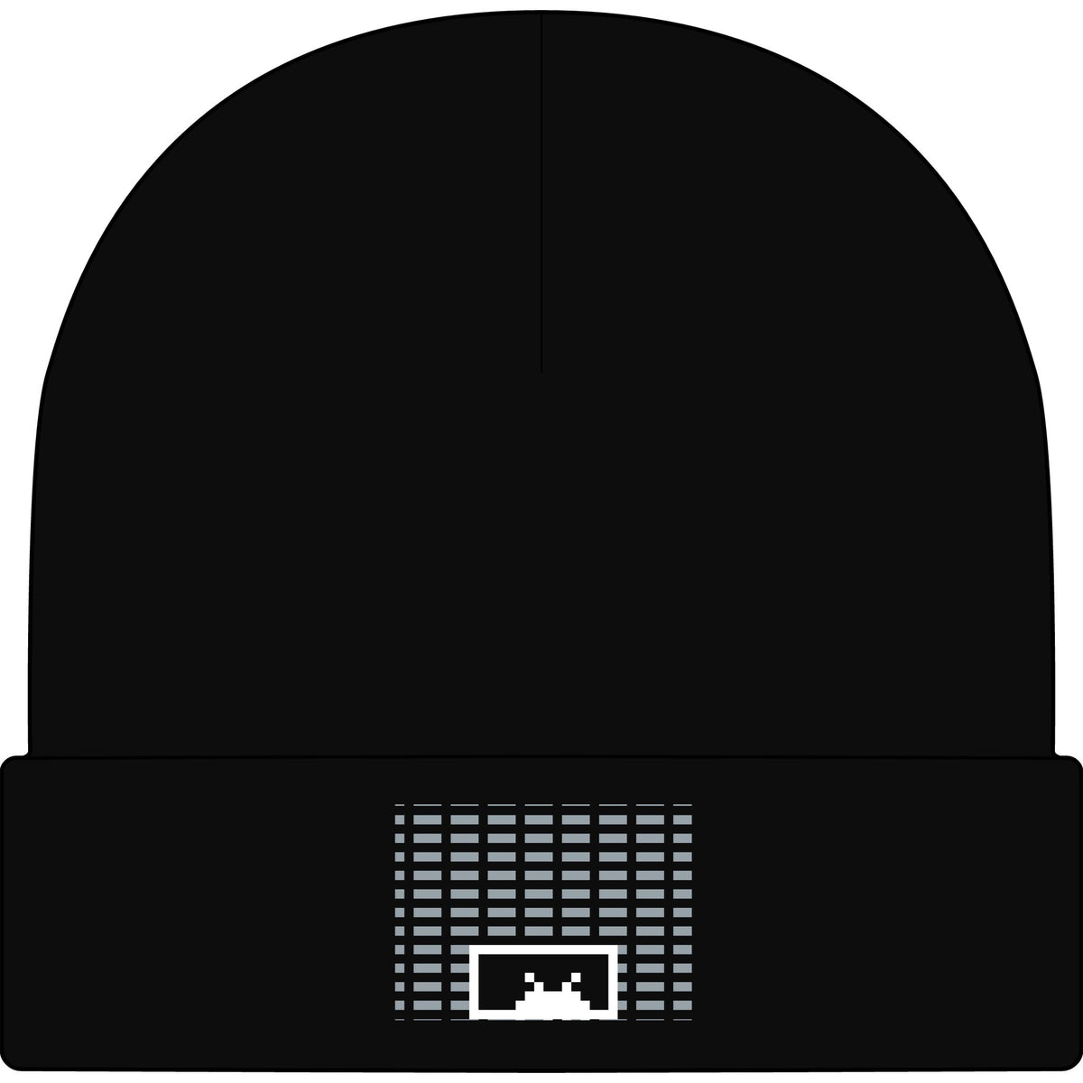 The Origin Beanie by Pixel Threads. Dark knit beanie carrying the printed 8 bit signal mark.