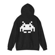 The Static Hoodie by Pixel Threads in black, back view with the hood raised, the 8 bit signal emblem printed large across the shoulders, view 4