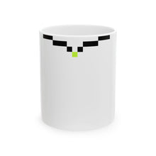 The Handshake Mug by Pixel Threads. Ceramic mug, front view, two pixel waves meeting at one bright cell., view 1