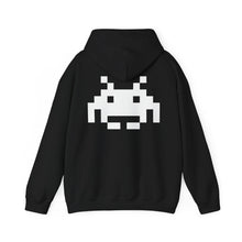 The Static Hoodie by Pixel Threads in black, back view with the hood lying flat, the 8 bit signal emblem printed large across the shoulders, view 3