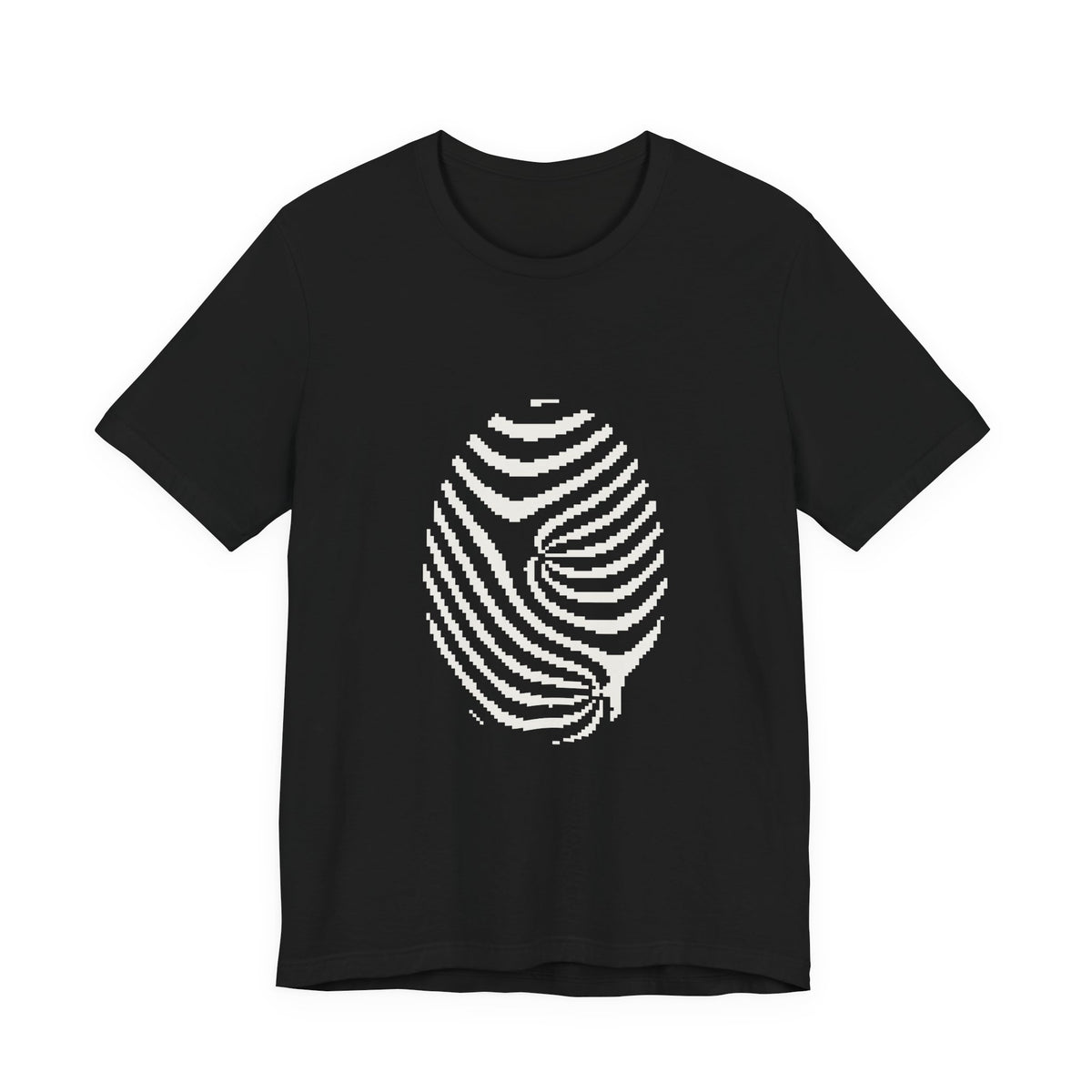 Front of the black Fingerprint Tee: a white fingerprint rebuilt from square cells, with a visible core and delta
