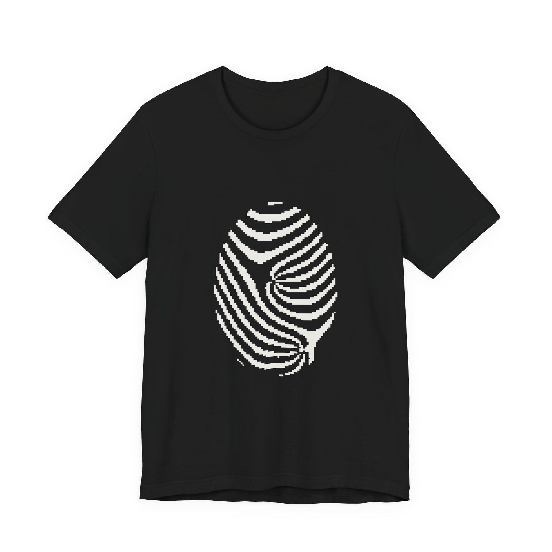 Front of the black Fingerprint Tee: a white fingerprint rebuilt from square cells, with a visible core and delta