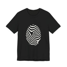 Front of the black Fingerprint Tee: a white fingerprint rebuilt from square cells, with a visible core and delta, view 1