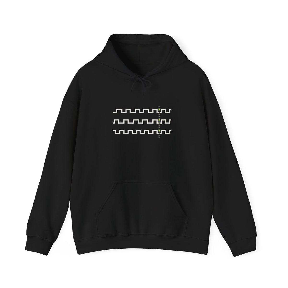 The Alignment Hoodie Ink by Pixel Threads. Unisex fleece hoodie laid flat, front view, three waves crossing in paper white and locking at the marked line.