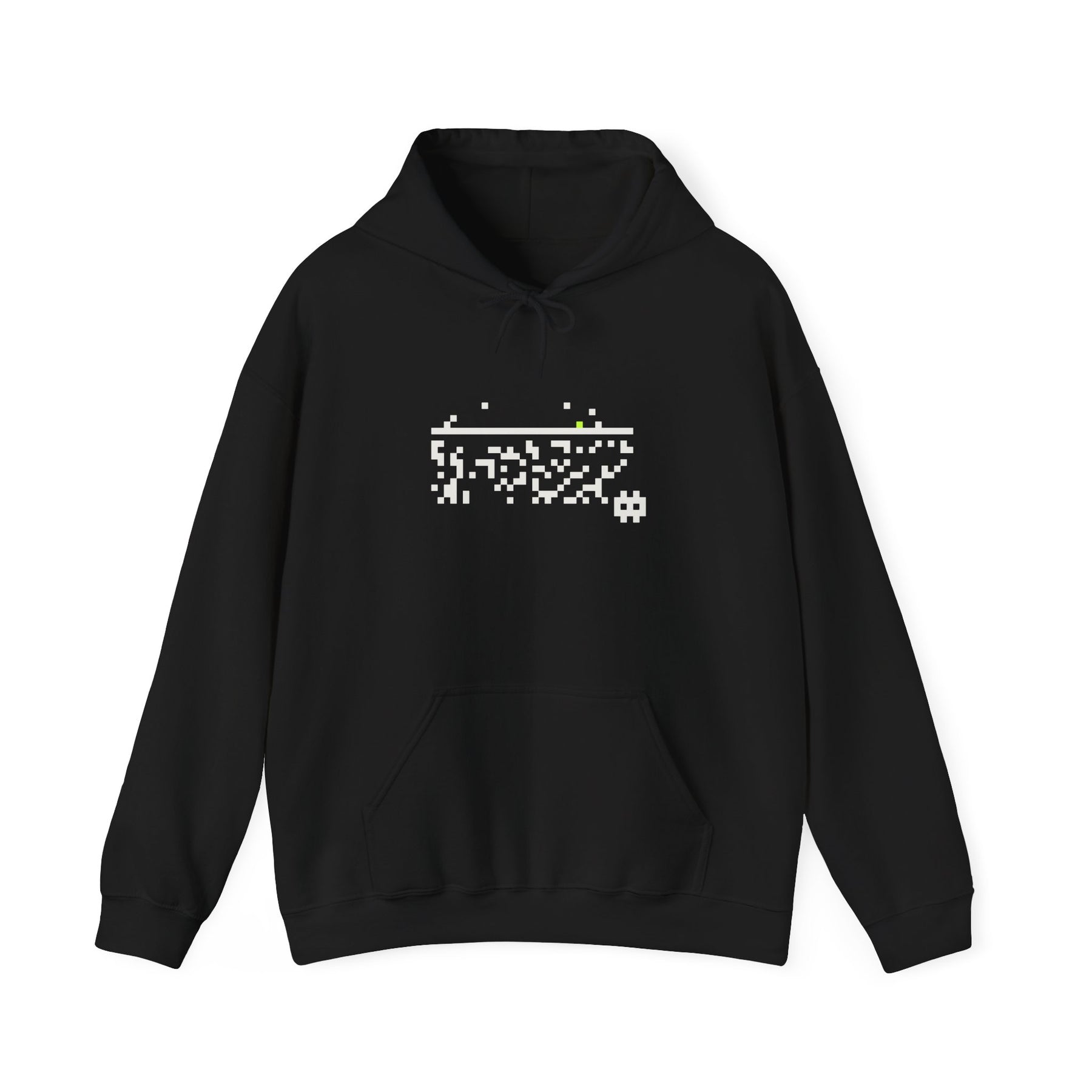 The Threshold Hoodie by Pixel Threads. Unisex fleece hoodie laid flat, front view, pixel static piled below a clear line.