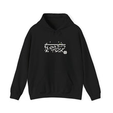 The Threshold Hoodie by Pixel Threads. Unisex fleece hoodie laid flat, front view, pixel static piled below a clear line., view 1