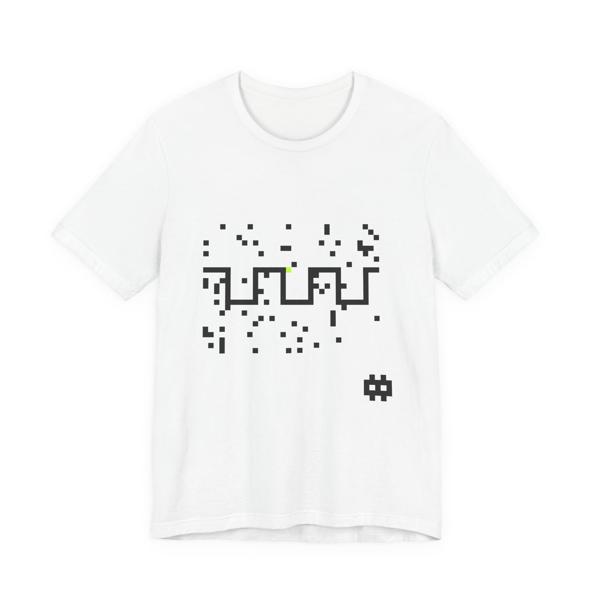 The Carrier Tee by Pixel Threads. Unisex cotton tee laid flat, front view, pixel carrier wave crossing a field of static across the chest.