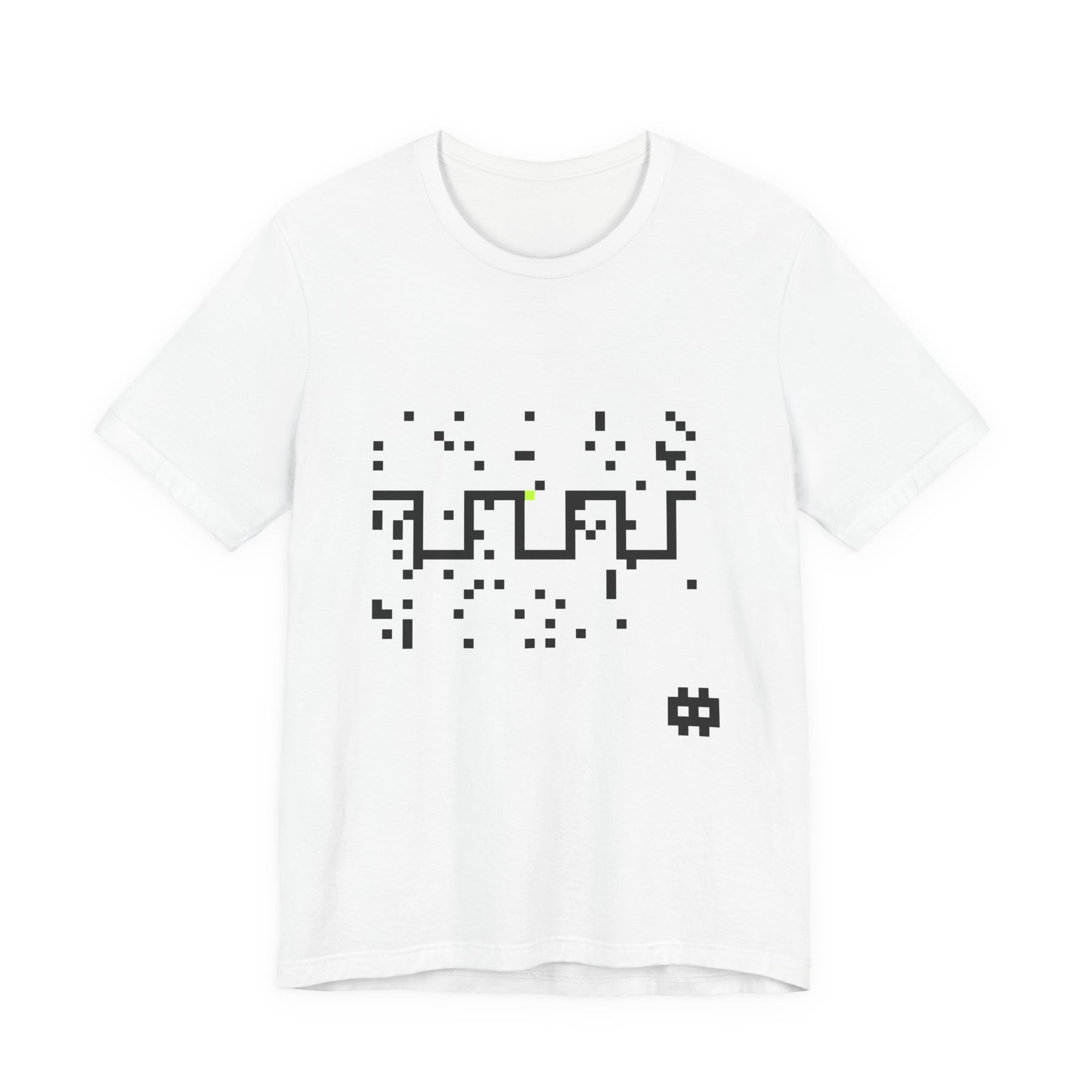The Carrier Tee by Pixel Threads. Unisex cotton tee laid flat, front view, pixel carrier wave crossing a field of static across the chest.