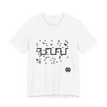 The Carrier Tee by Pixel Threads. Unisex cotton tee laid flat, front view, pixel carrier wave crossing a field of static across the chest., view 1