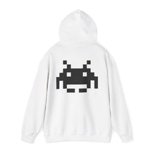 The Static Hoodie by Pixel Threads in white, back view with the hood raised, the 8 bit signal emblem printed large across the shoulders, view 6