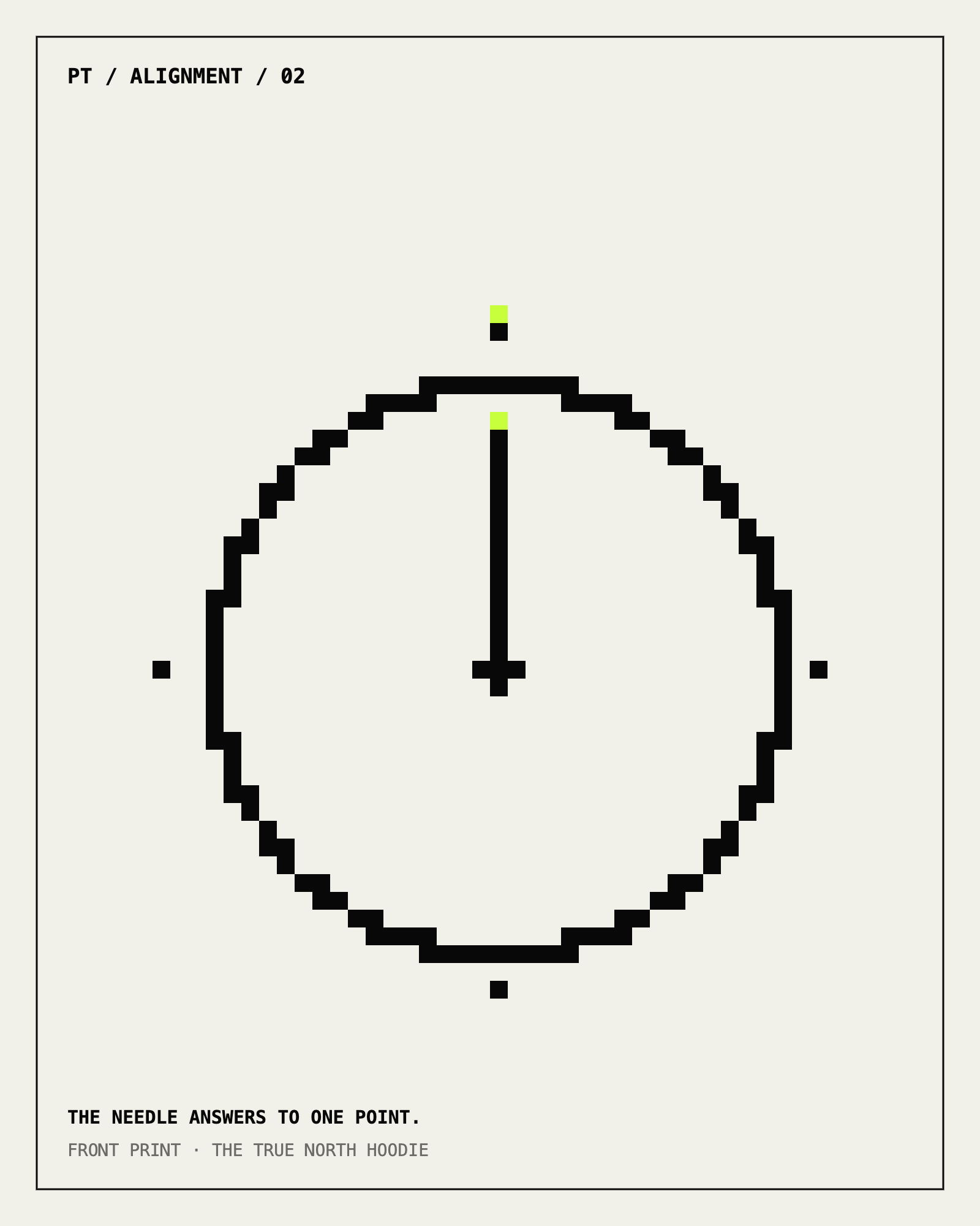 Front print artwork for The True North Hoodie: a pixel compass with its needle locked to a bright north marker