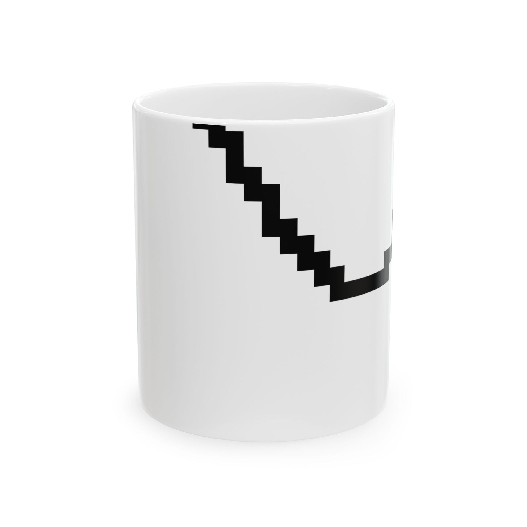 The Waveform Mug by Pixel Threads. Ceramic mug, front view, one clean pixel wave with a bright cell at the crest.