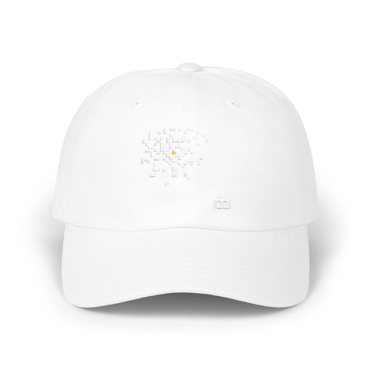 The Noise Cap by Pixel Threads. White low profile cap, front view, a pixel static burst printed tonal white on white on the front panel.