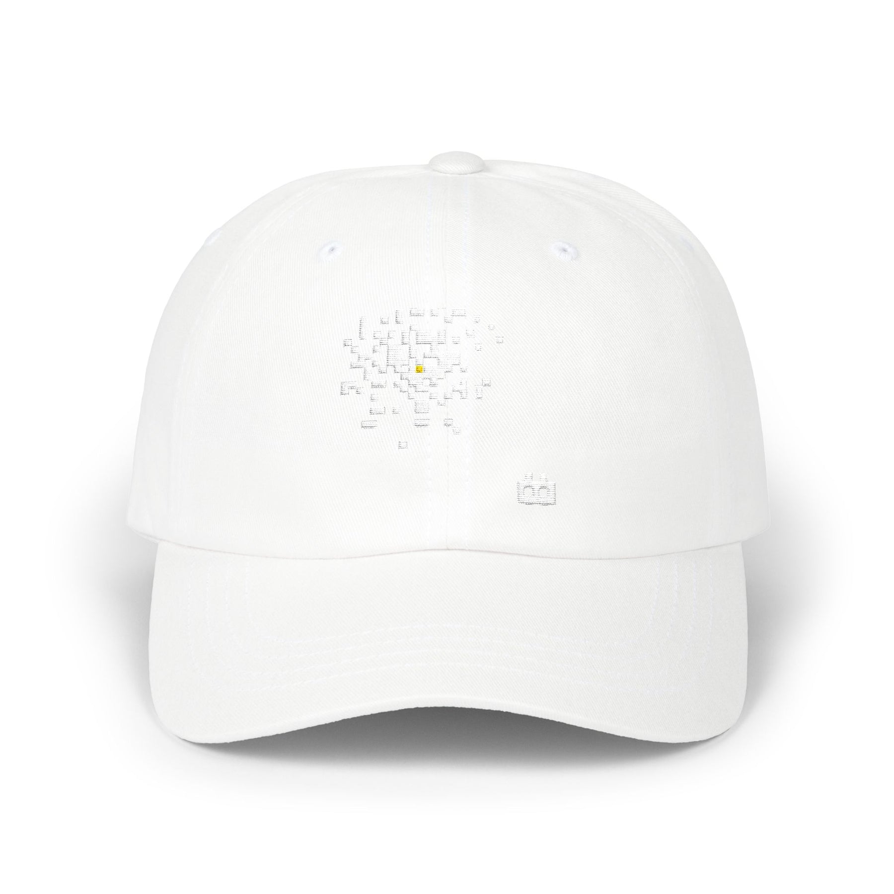 The Noise Cap by Pixel Threads. Low profile cap, front view, a pixel static burst with one bright cell at the center.