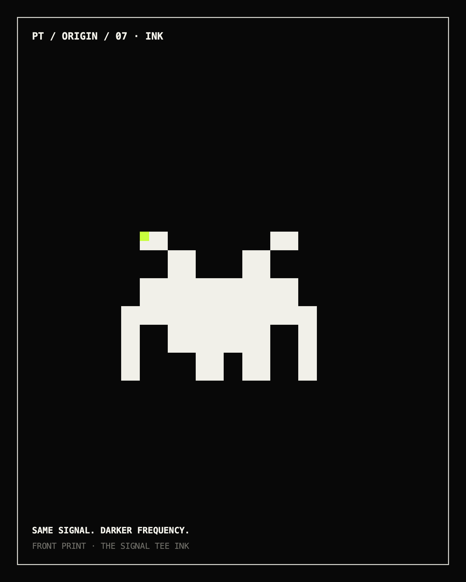 Front print artwork for The Signal Tee Ink: the Pixel Threads emblem in paper white on an ink black field with a single lime cell