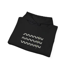 The Alignment Hoodie Ink by Pixel Threads. Unisex fleece hoodie folded with the chest print showing., view 4