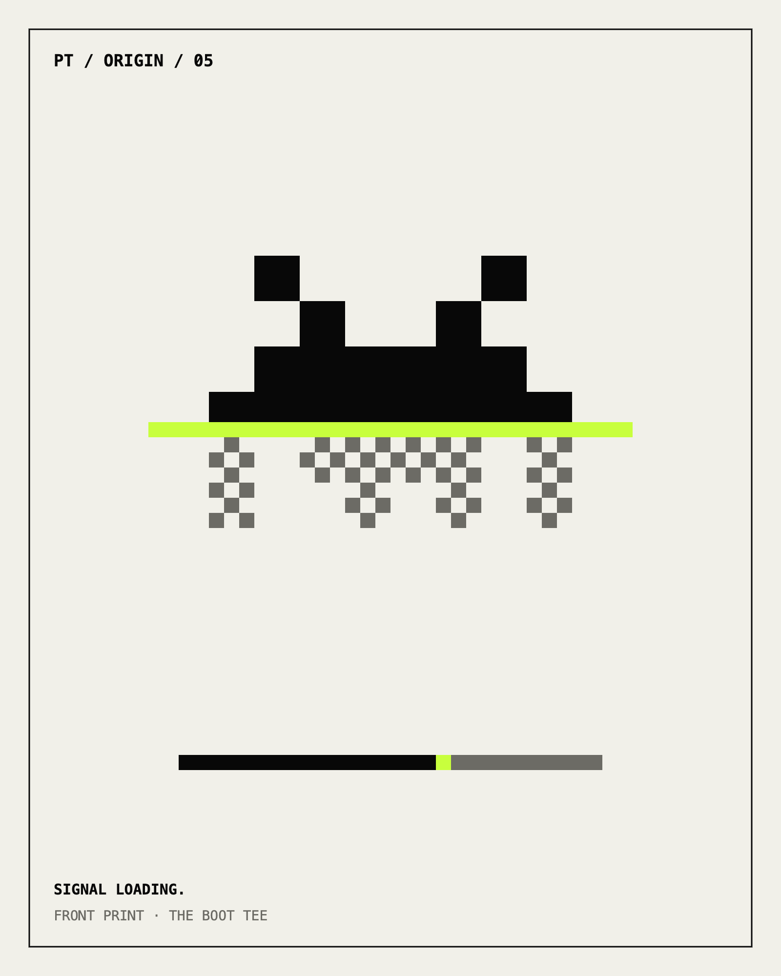 Front print artwork for The Boot Tee: the Pixel Threads emblem rendering row by row behind a signal scanline, monochrome pixel art