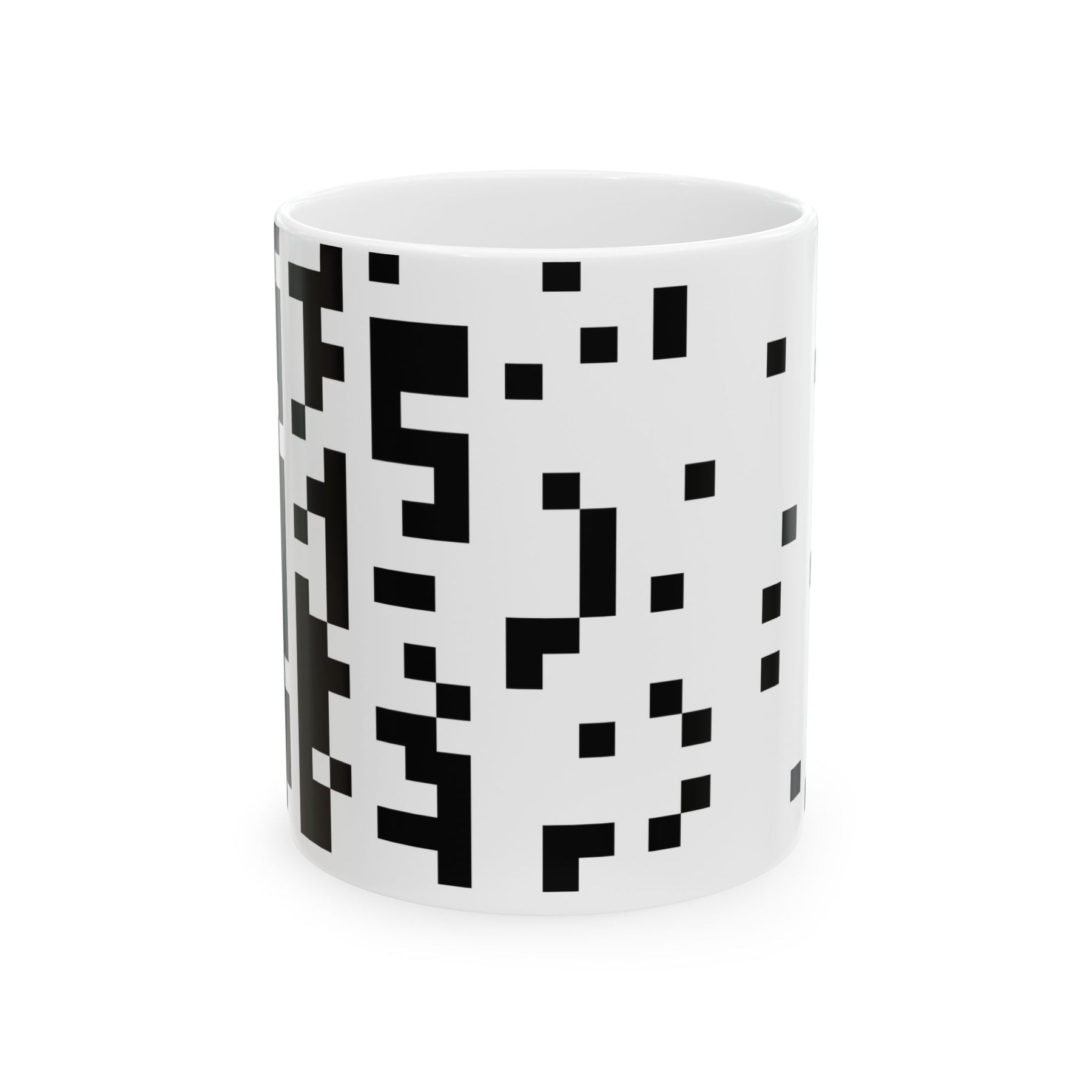 The Test Pattern Mug by Pixel Threads. Ceramic mug, front view, eight pixel bars fading from solid to silent.