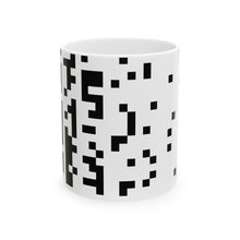 The Test Pattern Mug by Pixel Threads. Ceramic mug, front view, eight pixel bars fading from solid to silent., view 1