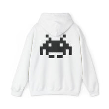 The Static Hoodie by Pixel Threads in white, back view with the hood lying flat, the 8 bit signal emblem printed large across the shoulders, view 5