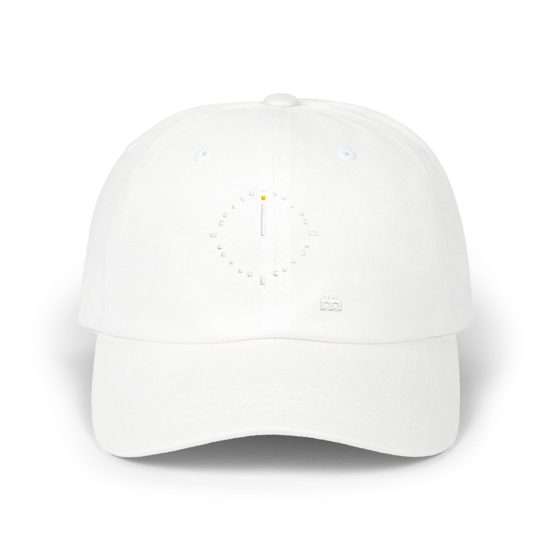 The Bearing Cap by Pixel Threads. Low profile cap, front view, pixel compass ring with one cell lit at true north on the front panel.
