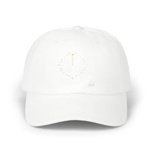 The Bearing Cap by Pixel Threads. Low profile cap, front view, pixel compass ring with one cell lit at true north on the front panel., view 1
