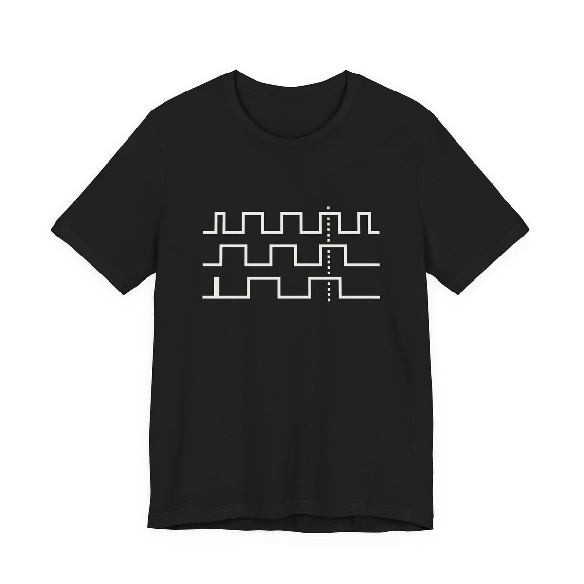 Front of the black Phase Tee: three white square waves drift out of phase and lock at a dotted line