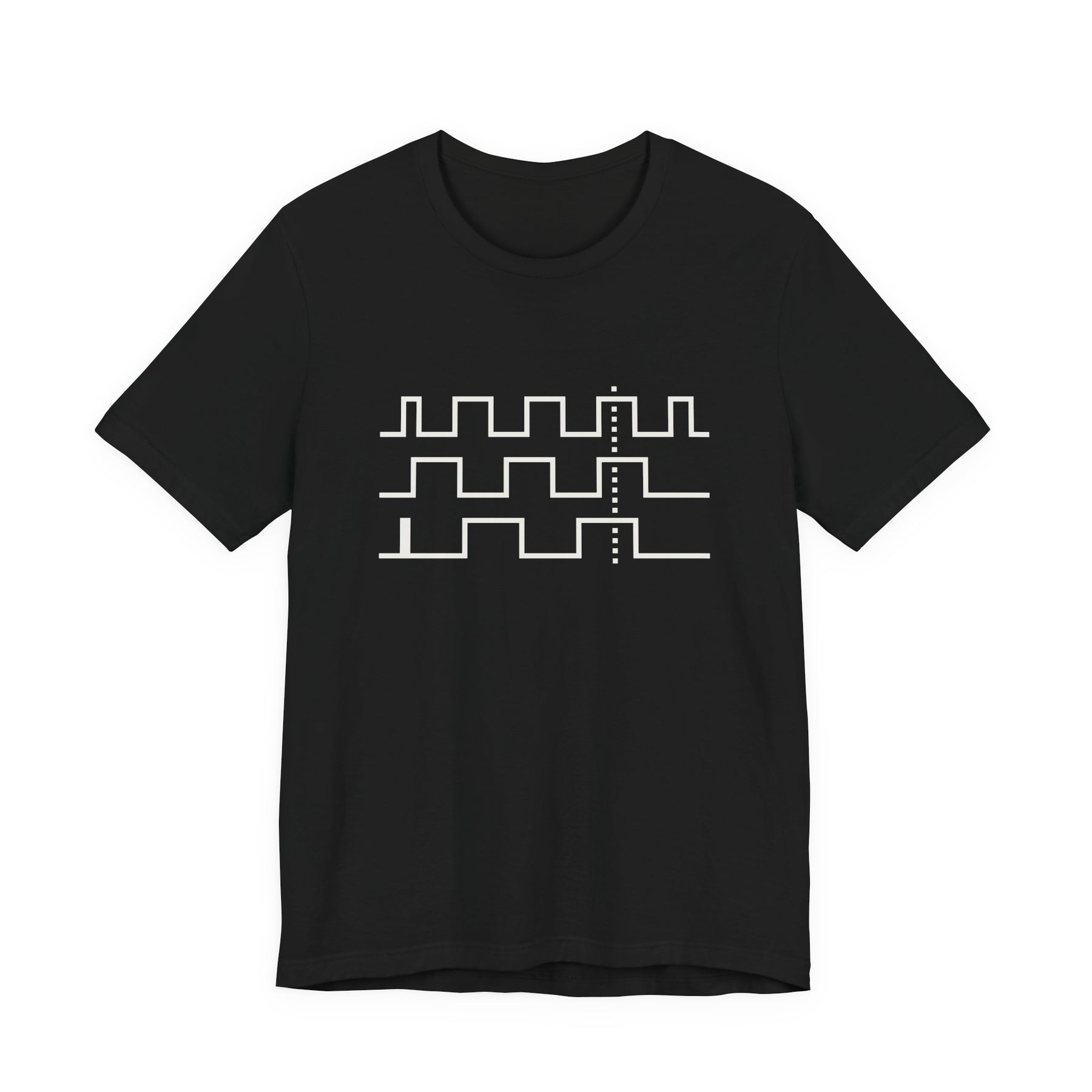 Front of the black Phase Tee: three white square waves drift out of phase and lock at a dotted line